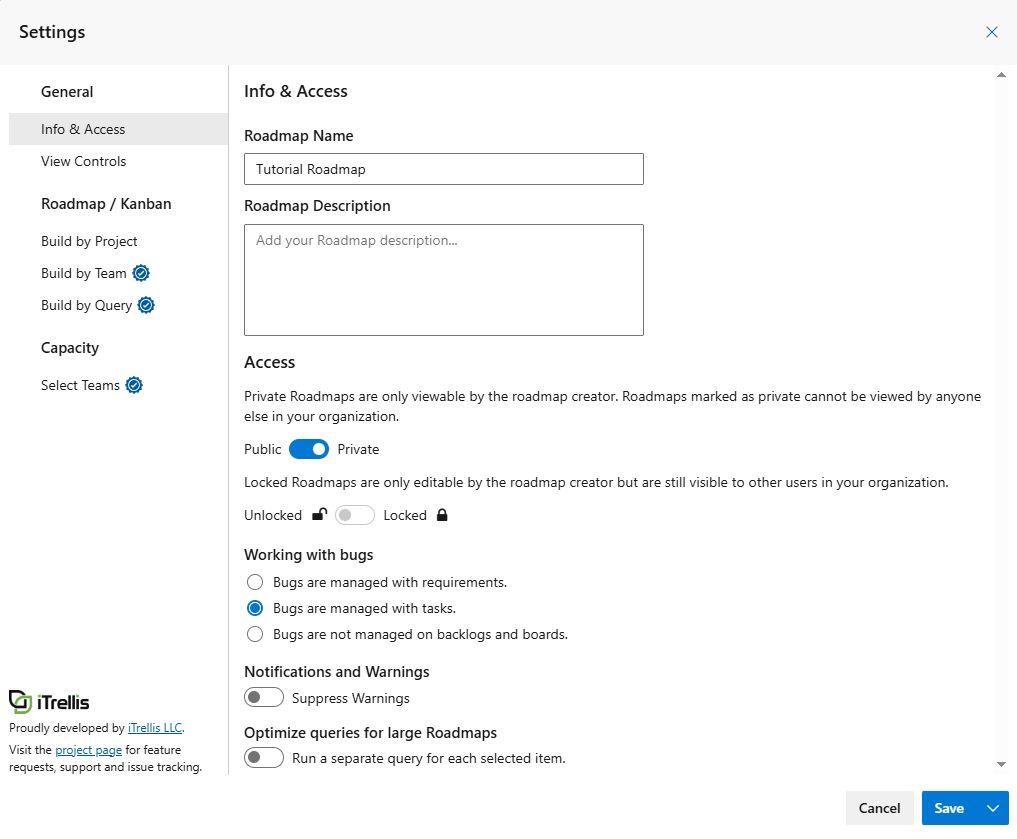 Info & Access - Roadmap Settings